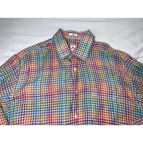 Peter Millar Shirt Mens Size M Rainbow Plaid Gingham 100% Linen Button Colorful - Picture 2 of 12